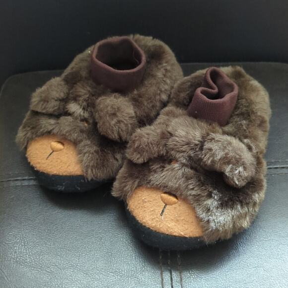 L.L. Bean Toddler 7-8 Little Brown Bear Fuzzy Furry Pull On Warm Slippers - Picture 1 of 5